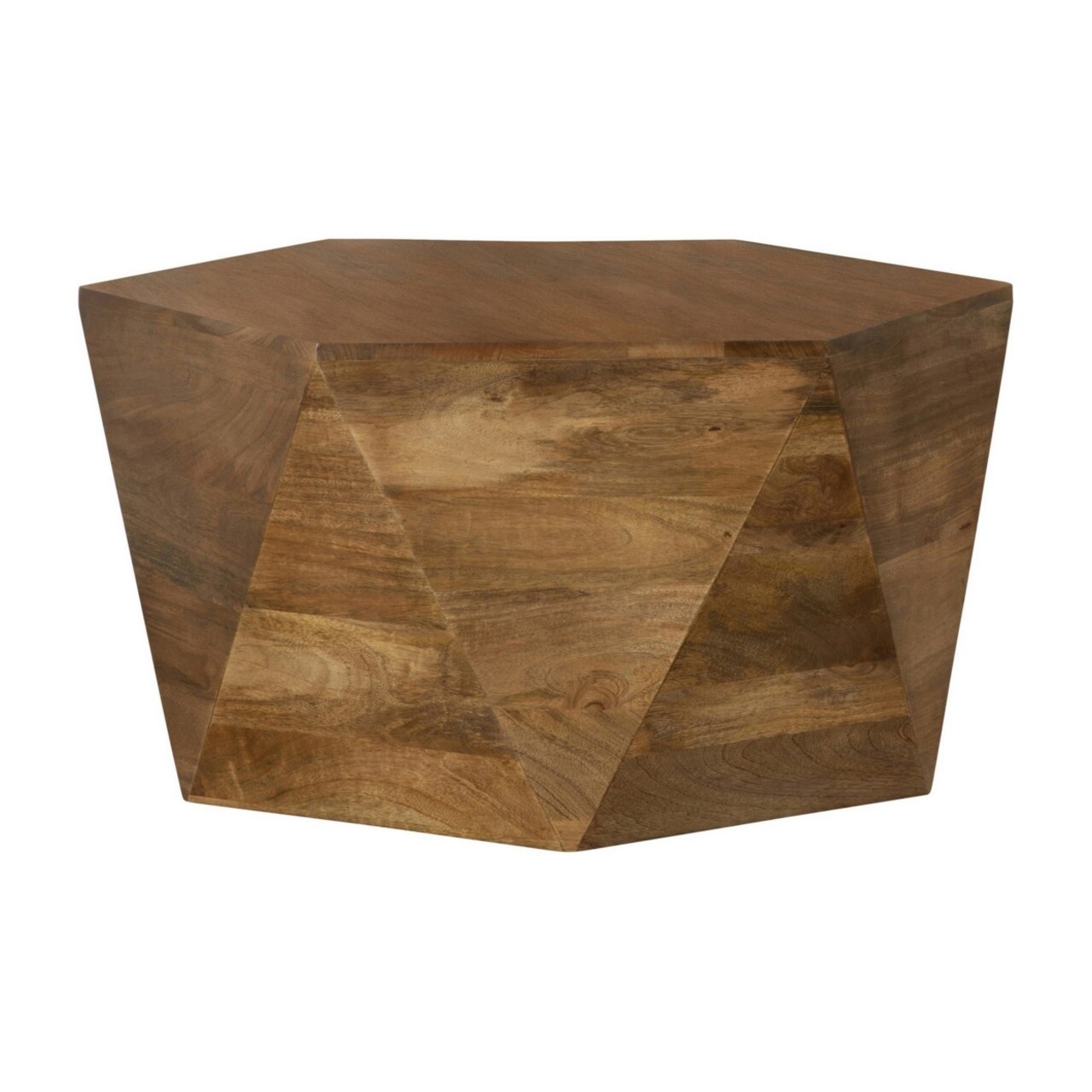 Saltoro Sherpi 35 Inch Wood Drum Coffee Table, Artisan Hexagonal Rich Natural Brown Finish-
